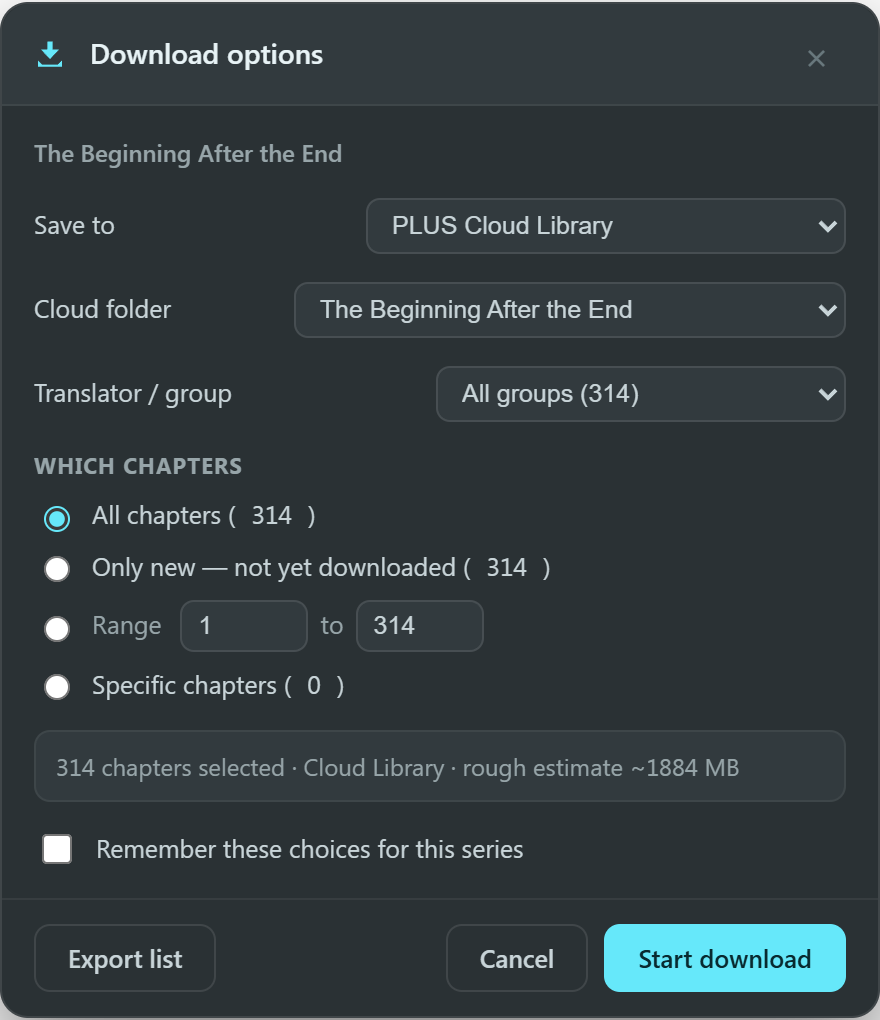 The Download All options with Save to set to PLUS Cloud Library and a cloud folder picker