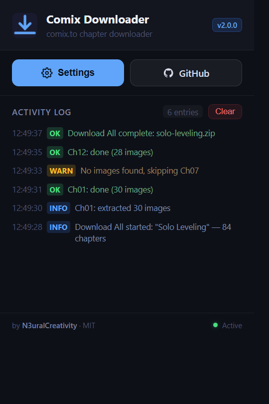 Extension popup with the Settings button and activity log