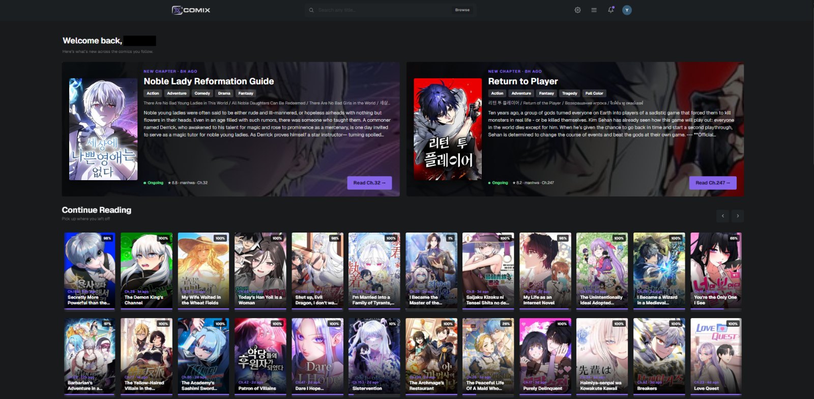 The extension's custom Home page: hero spotlight, your reading stats and Continue Reading